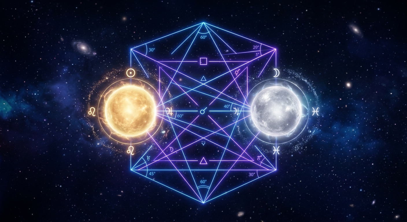 Synastry chart glowing aspect lines between two birth chart orbs on Astro.com dark cosmic background