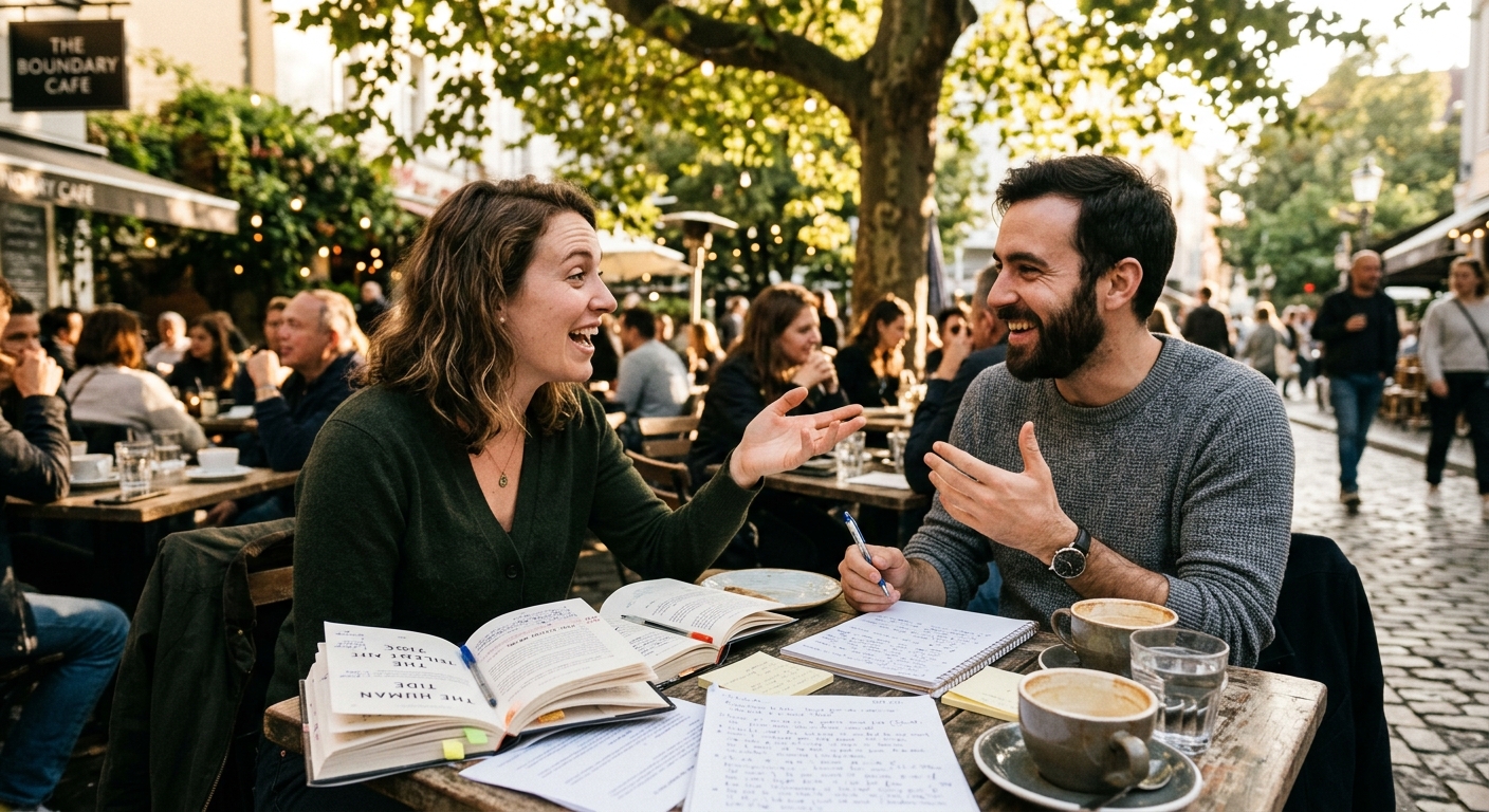 Two people in deep conversation outdoors, evoking Gemini Libra air element astrology connection