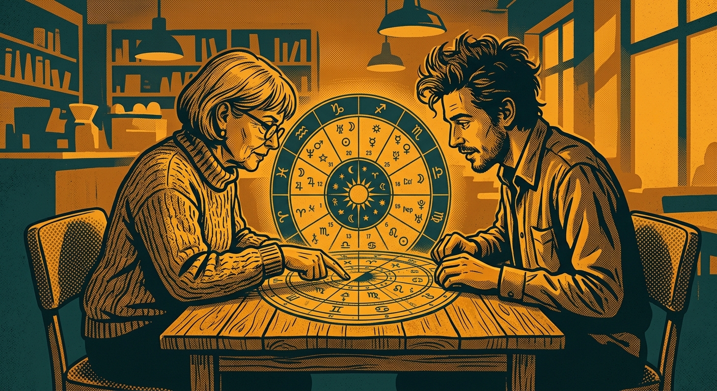 Two people studying a synastry chart together, Astro.com composite chart style