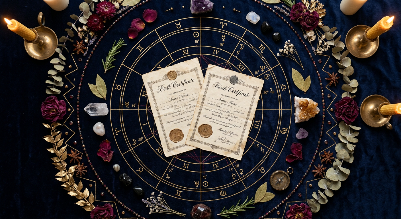 Overhead flat-lay of natal chart wheel with Venus Mars symbols and birth documents