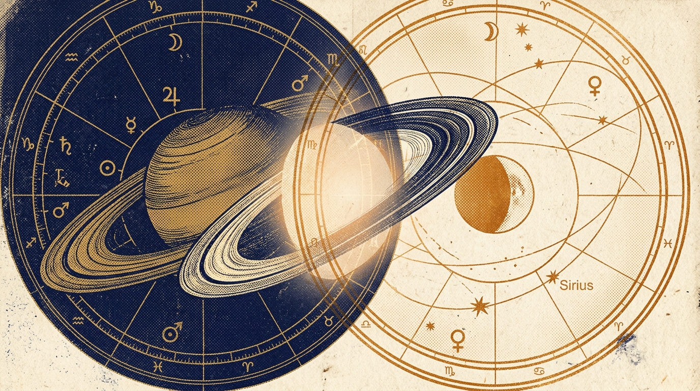 Synastry chart overlay showing Saturn and Venus-Mars aspects in duotone halftone style