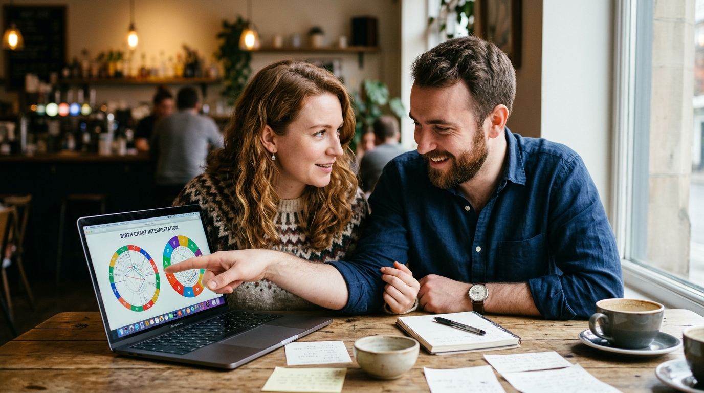 Two people reviewing a synastry chart on a laptop using free astrology tools like Astro.com