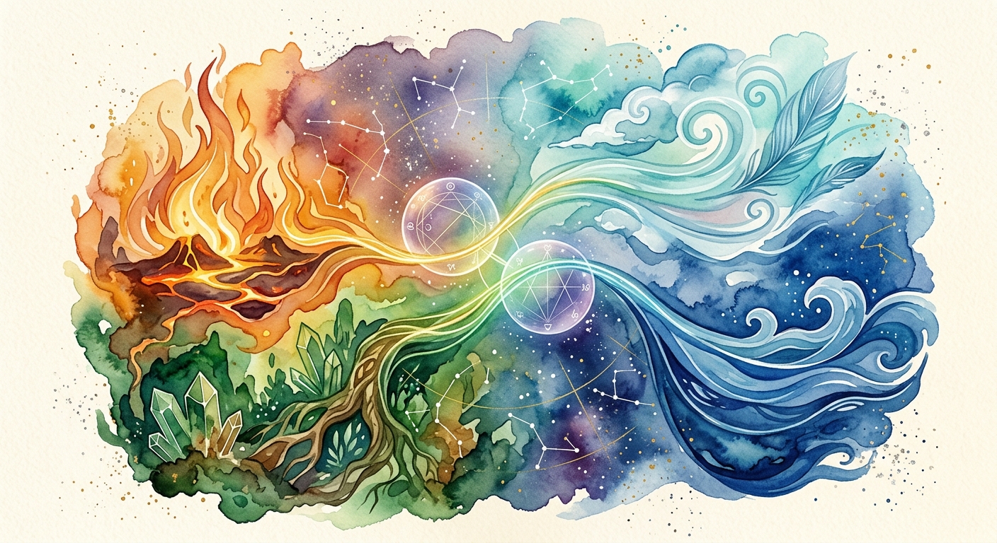 Watercolor elemental astrology compatibility chart with fire earth air water signs merging
