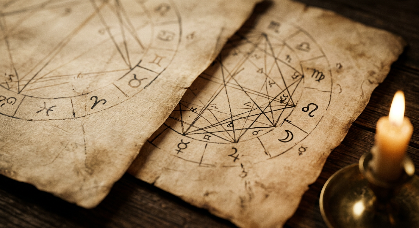 Macro view of overlapping synastry aspect charts showing Moon sign compatibility glyphs