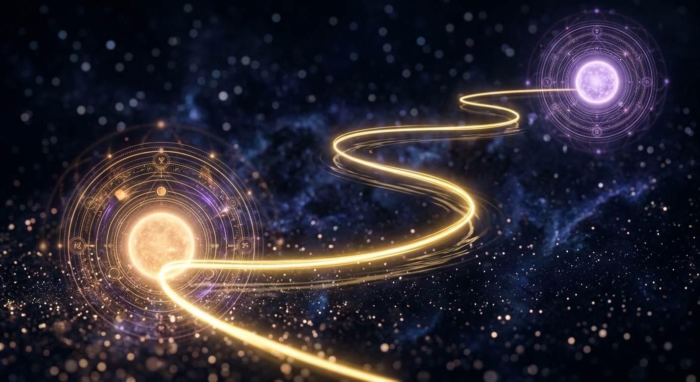 Golden cosmic thread connecting two glowing orbs through Navamsa chart orbital rings in deep space