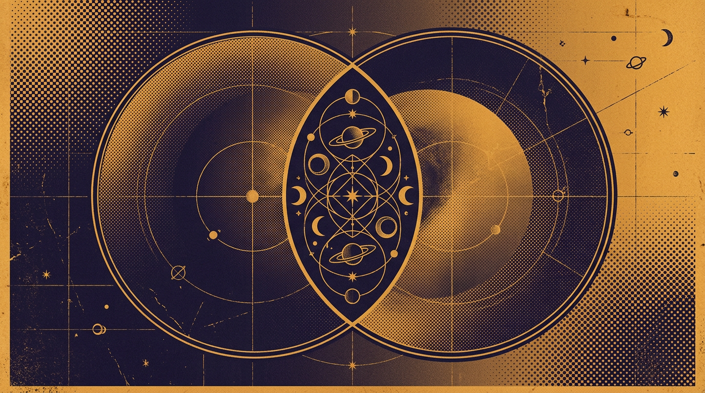 Composite chart marriage indicators shown as interlocking celestial diagrams with Saturn and Venus symbols