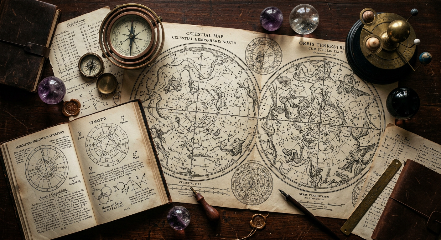 Overhead flat-lay of two relationship astrology charts — composite chart and Davison chart — with brass compass and celestial tools