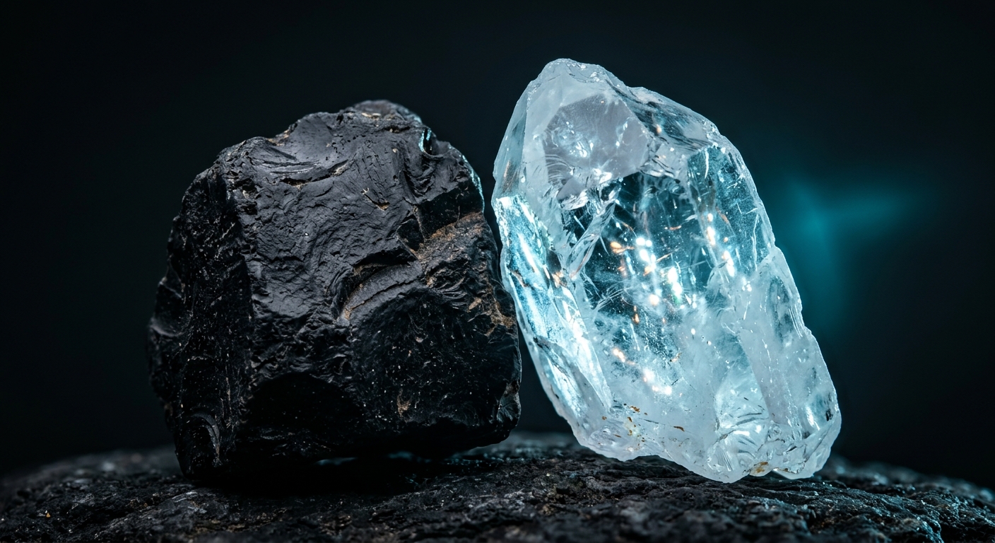 Macro close-up of Taurus earth stone and Aquarius air crystal with glowing contrast