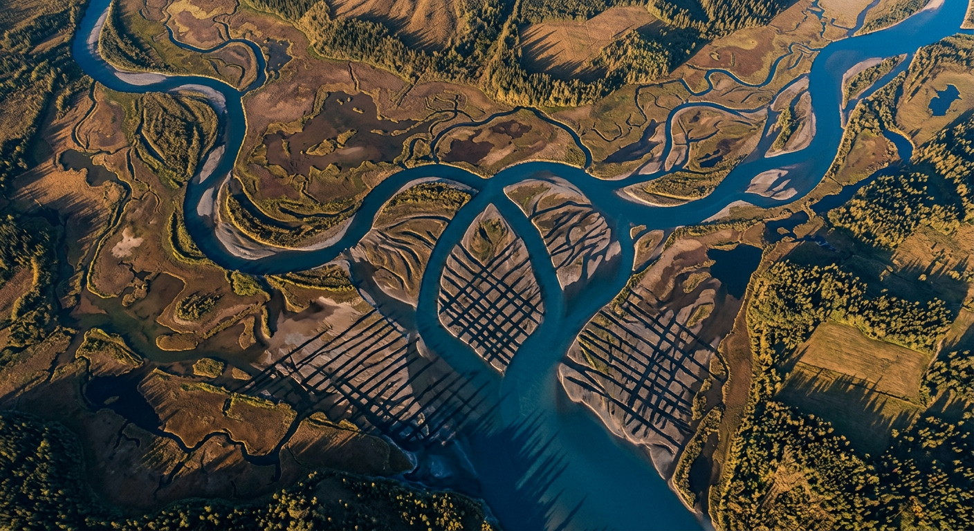 Aerial view of two rivers merging — symbolizing seventh house synastry and composite chart union