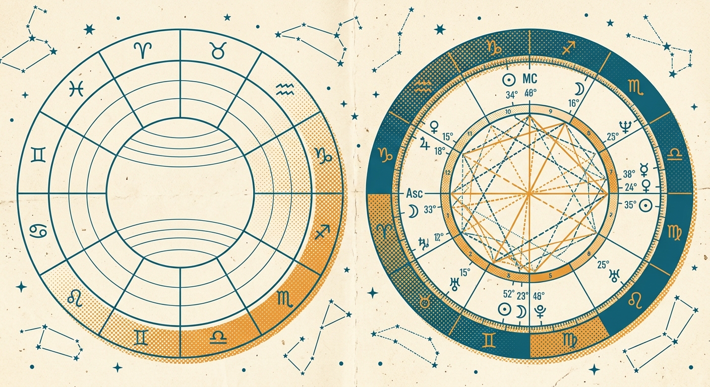 Composite chart calculator comparison: simple chart vs deep interpretation, midpoint composite style