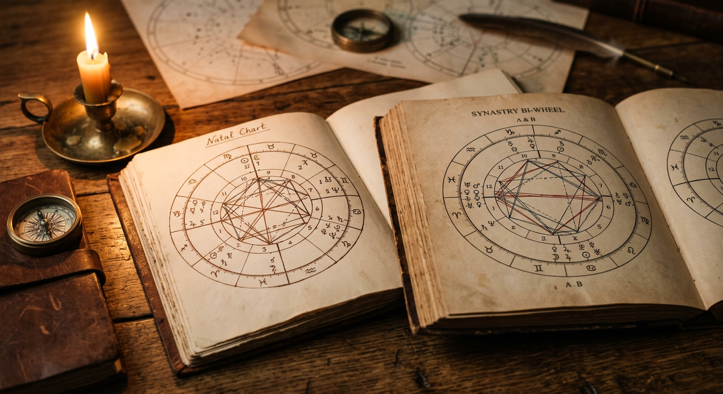 Two synastry charts open on a desk showing planetary aspects and compatibility score analysis