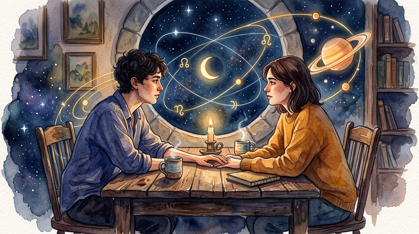Two people at a table beneath Saturn transits and karmic cycles shown as glowing arcs