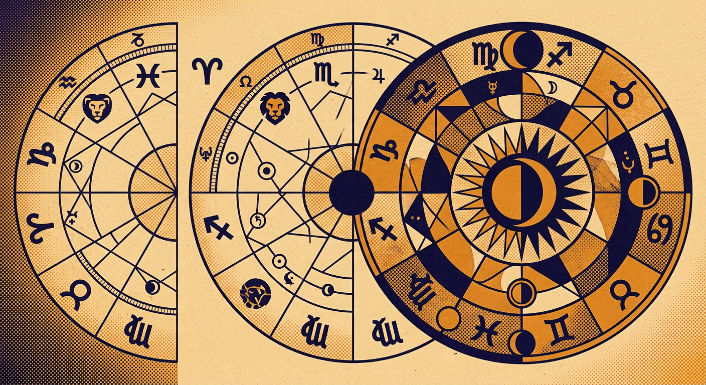 Two natal charts merging into a single composite chart using the midpoint method