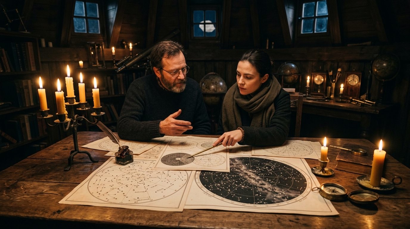 Two people studying overlapping progressed synastry charts by candlelight