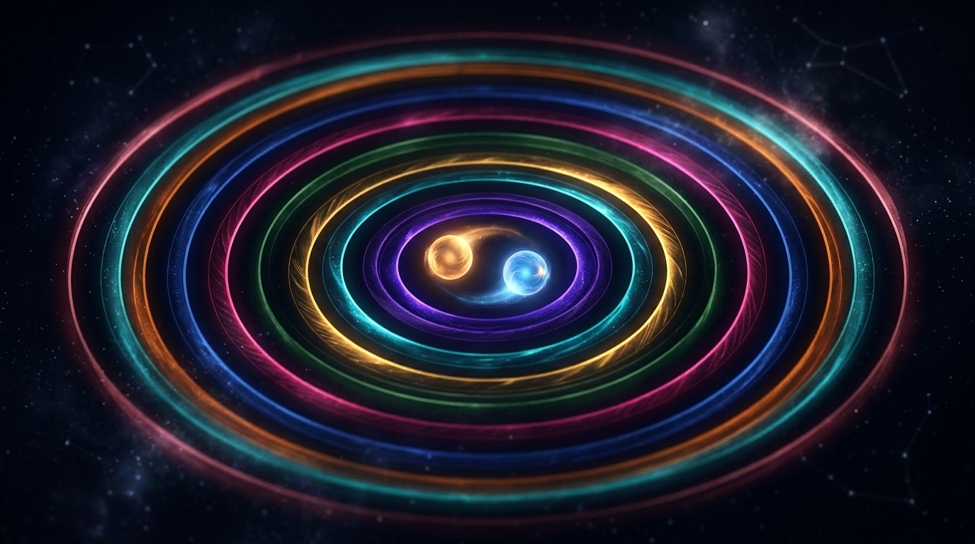 Glowing synastry chart house overlays visualized as nested orbital rings in deep space