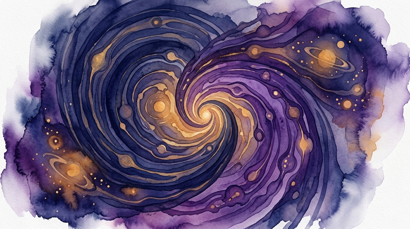 Abstract watercolor art showing South Node and Saturn synastry karmic astrology energy spirals