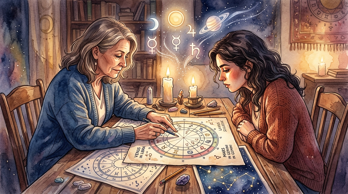 Two people studying a synastry grid chart with South Node and Saturn aspects marked