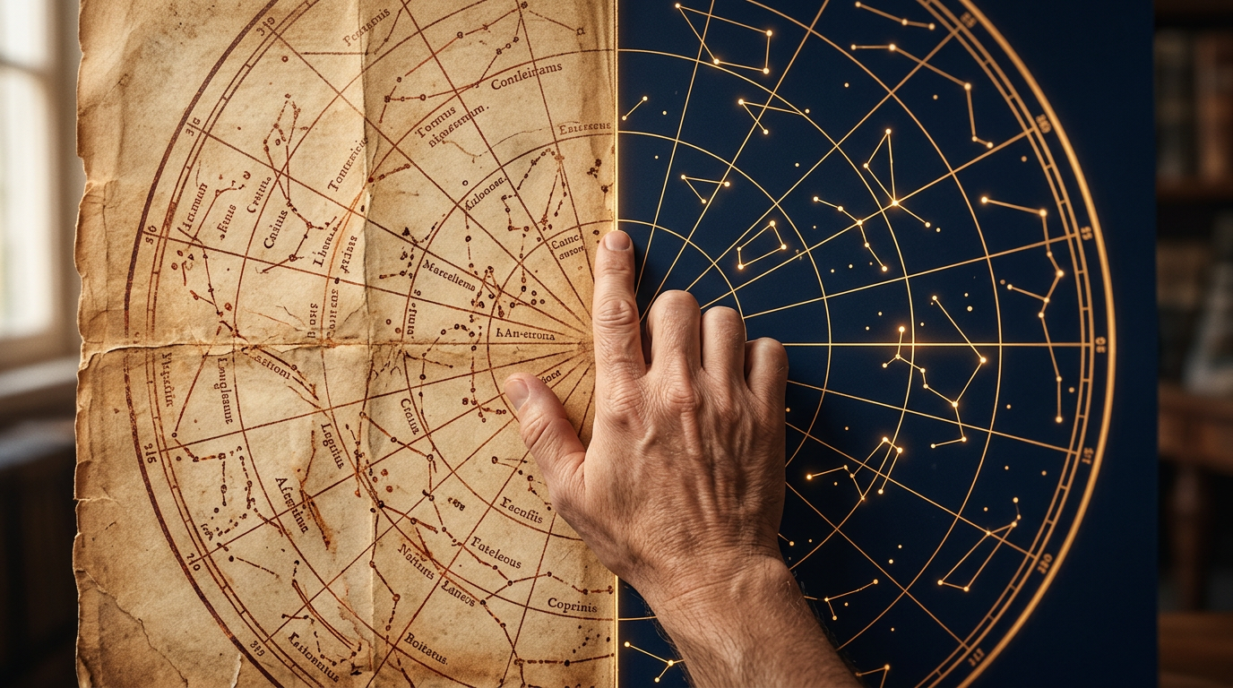 Antique natal chart beside modern chart with South Node and Saturn highlighted in warm light