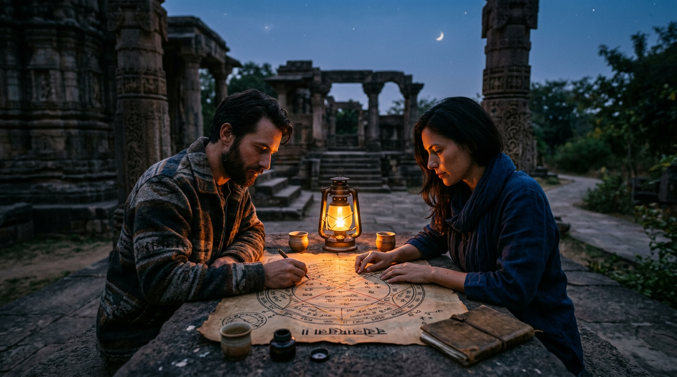 Two people studying a Vedic astrology Navamsa chart with Rahu Ketu nodal axis at dusk
