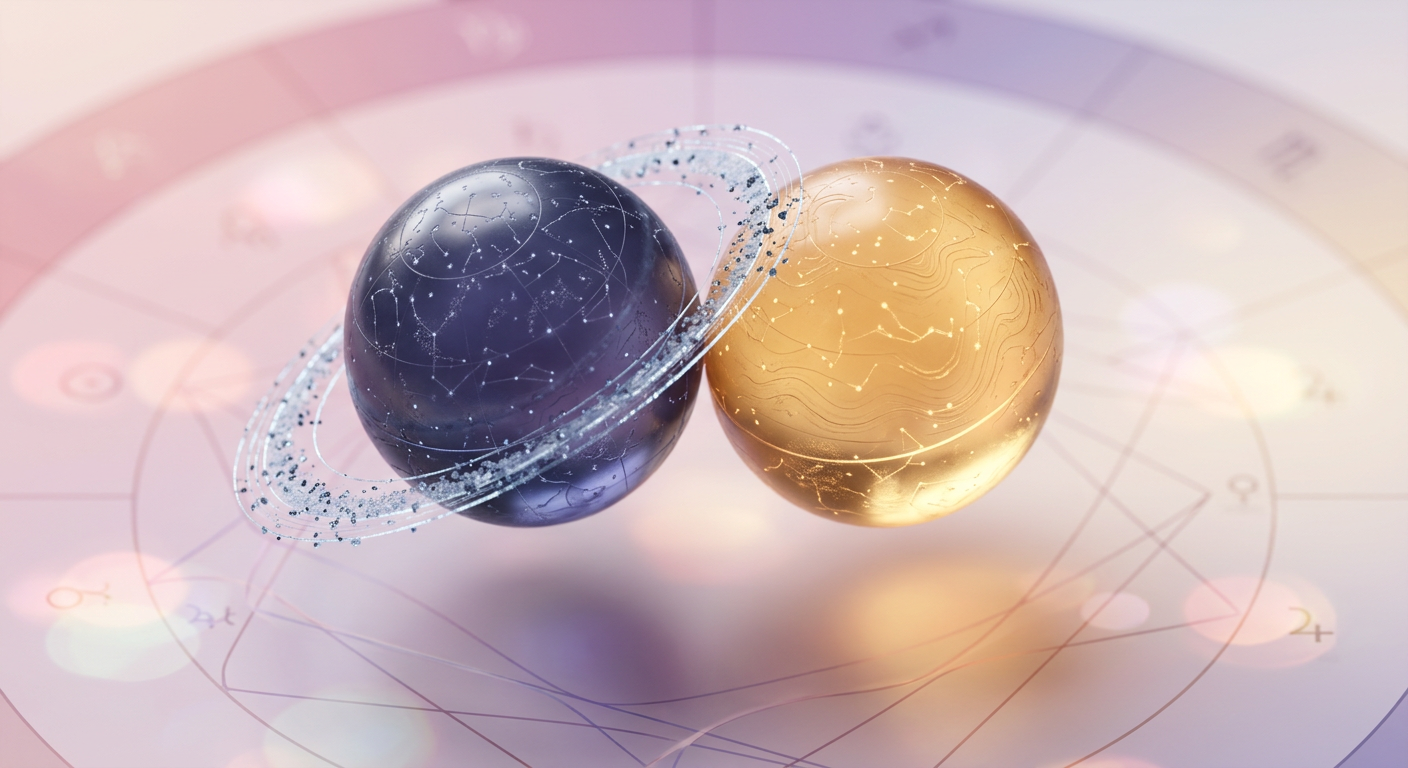 Macro render of Saturn and North Node orbs above a glowing synastry aspects chart