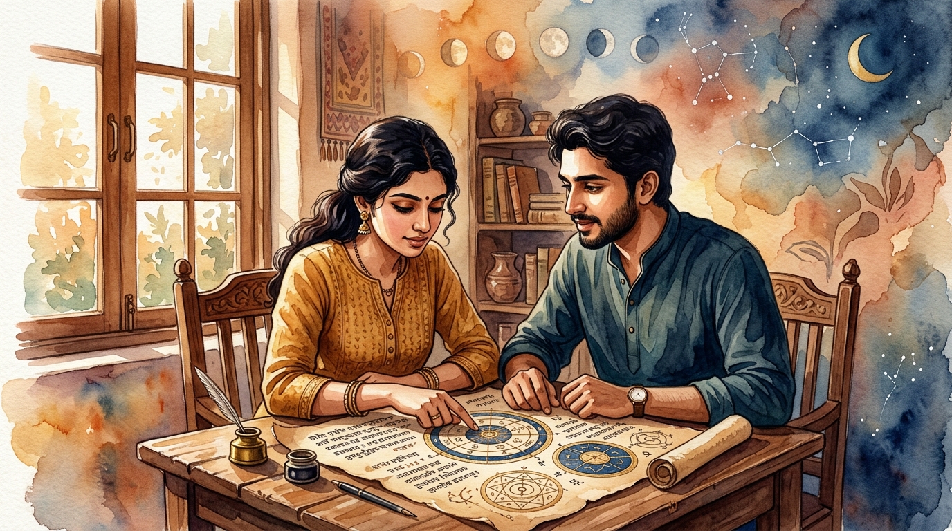 Couple reviewing Kundali chart with Nakshatra and Guna Milan symbols