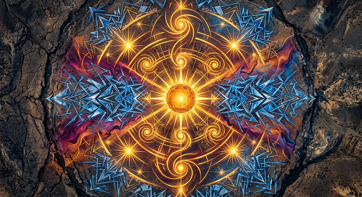 Aerial geometric abstract art showing Leo Rising and Aquarius Descendant energy in golden and blue