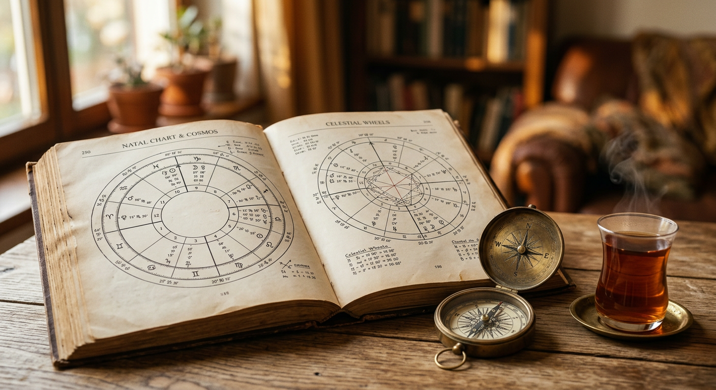 Two astrological synastry charts open on a desk with a brass compass, warm editorial light