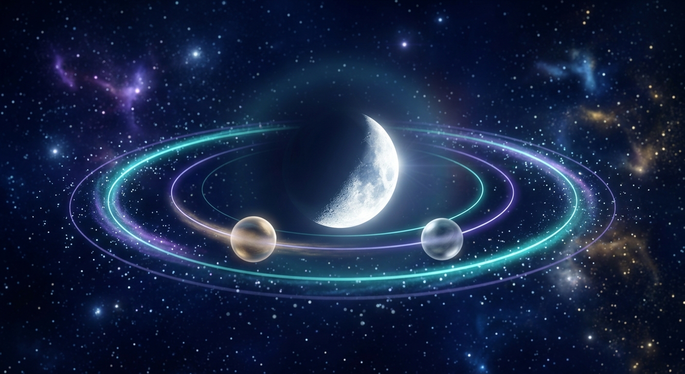 Glowing moon with synastry orbital rings showing emotional compatibility in deep space