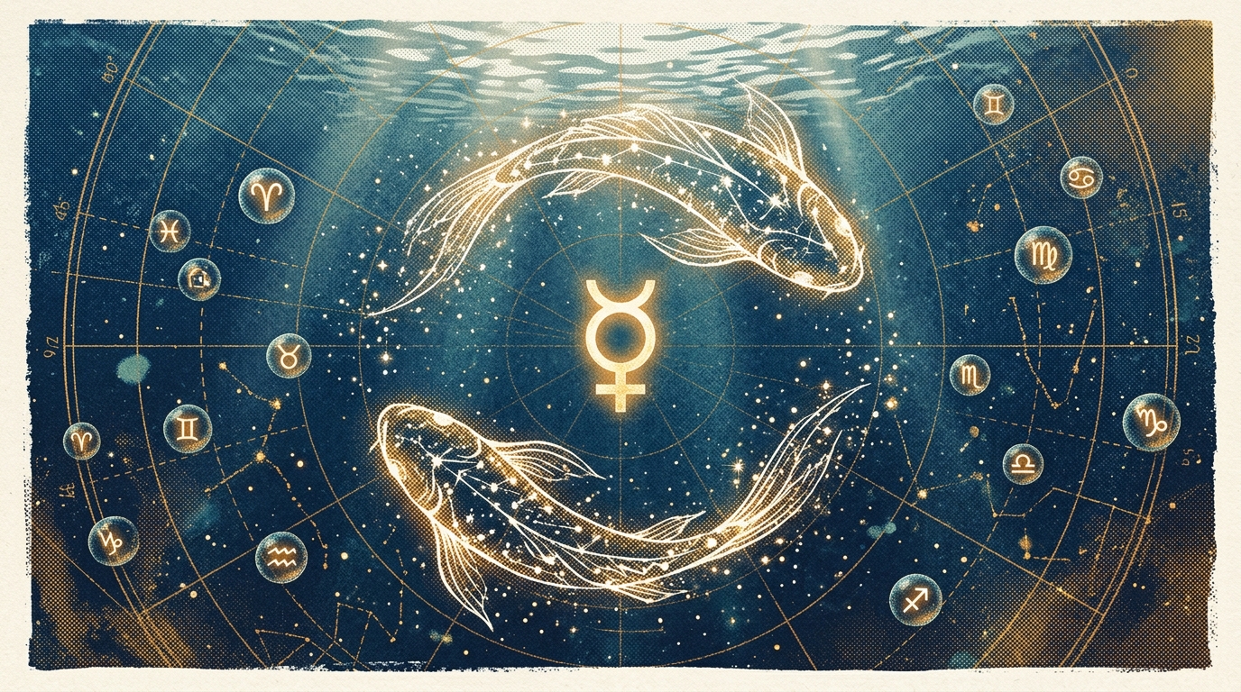Pisces Mercury synastry chart with Neptune symbolism and water sign constellation fish