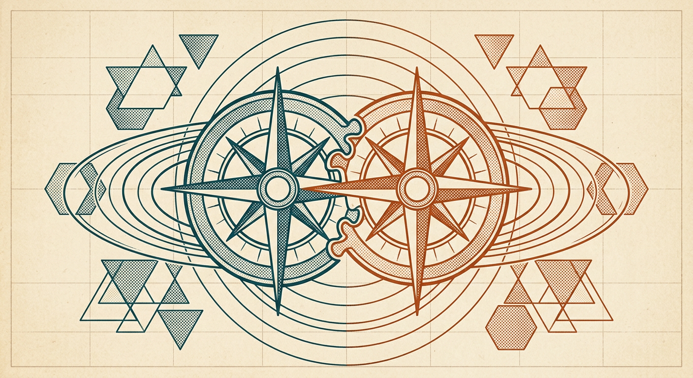 Two interlocking compass roses on a duotone zodiac chart showing Ascendant and Descendant axis