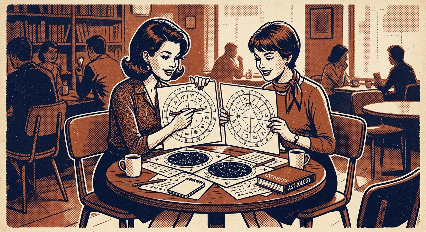 Two people comparing synastry and Ascendant zodiac compatibility charts side by side