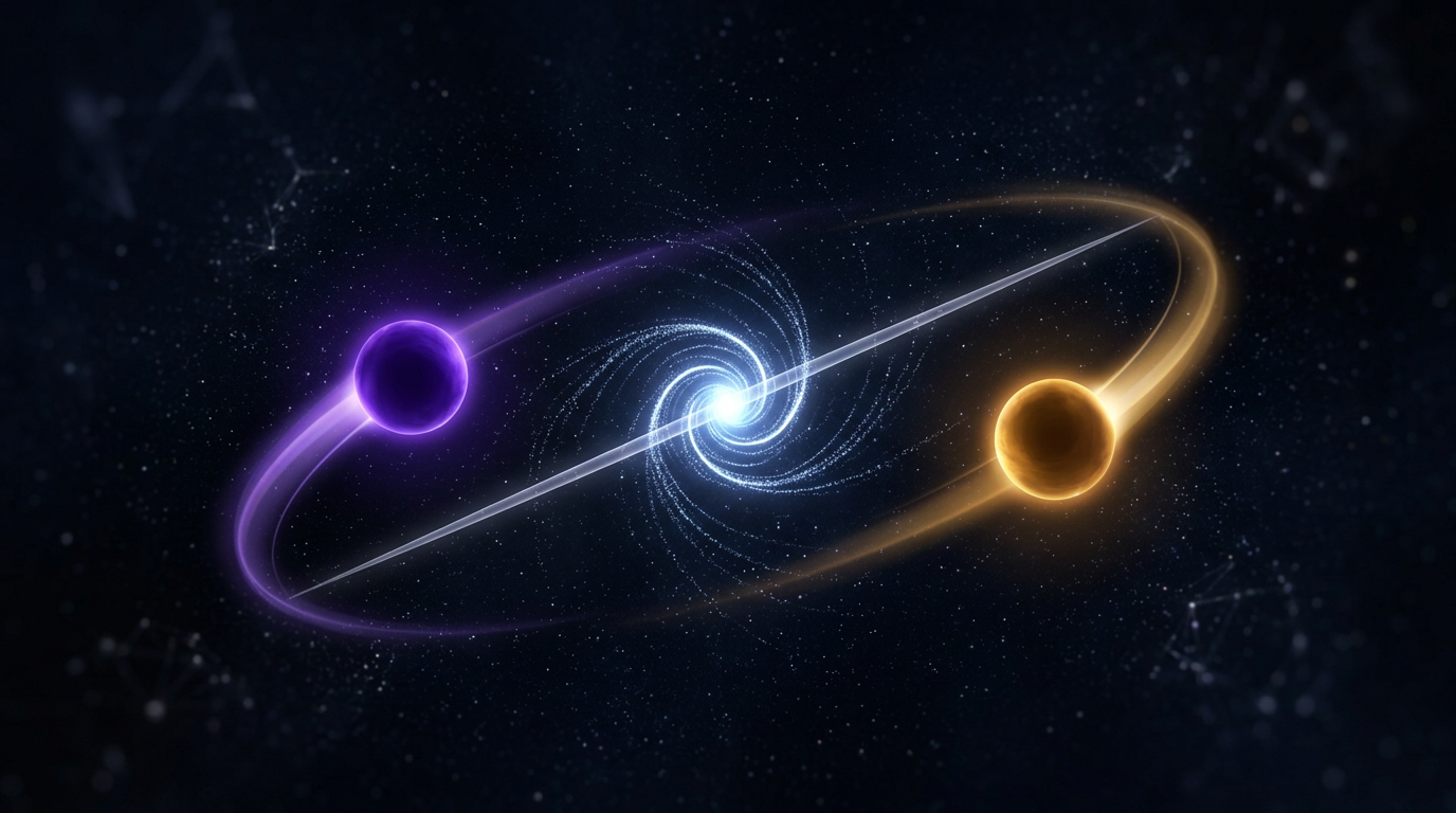 Abstract glowing orbs on Ascendant-Descendant axis representing rising sign synastry romantic compatibility