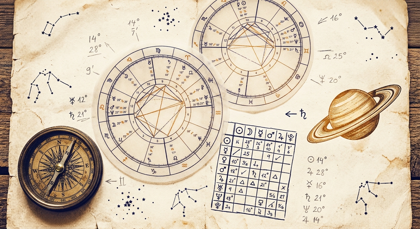 Overhead flat-lay of overlapping synastry charts, Saturn illustration, and interaspect grid on aged paper