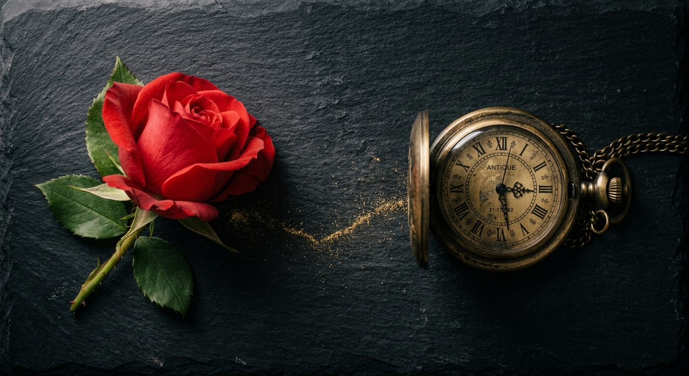 Overhead flat-lay of a rose and antique watch symbolizing Venus attraction and Saturn commitment in synastry