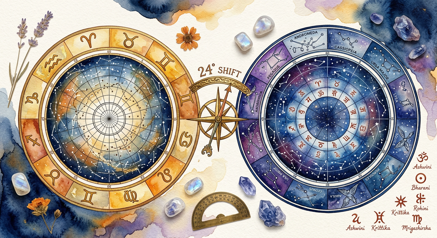 Overhead flat-lay of sidereal and tropical zodiac charts with Nakshatra symbols and ayanamsa arc in watercolor