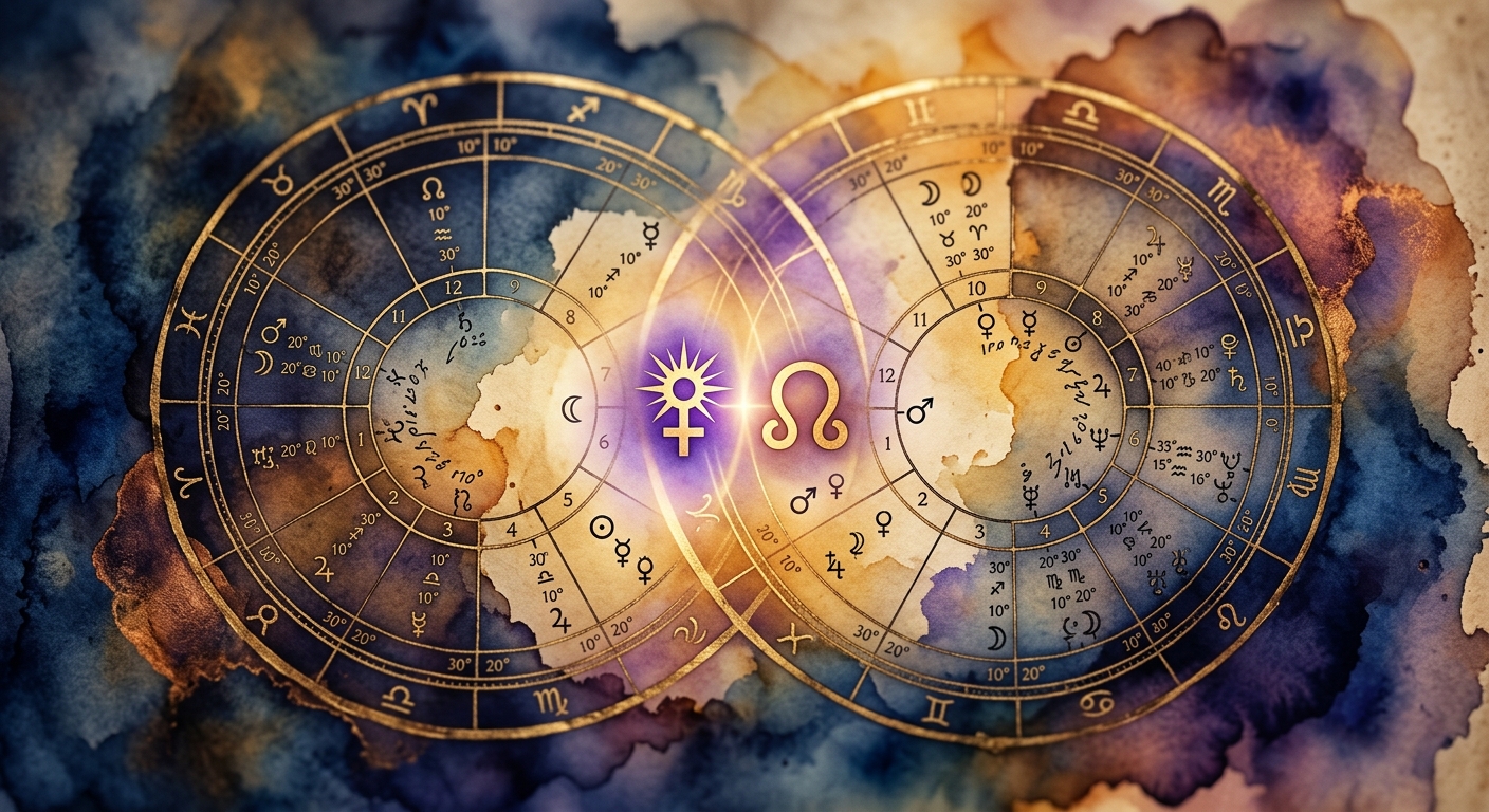Macro view of overlapping synastry charts showing Juno asteroid and North Node karmic astrology glyphs