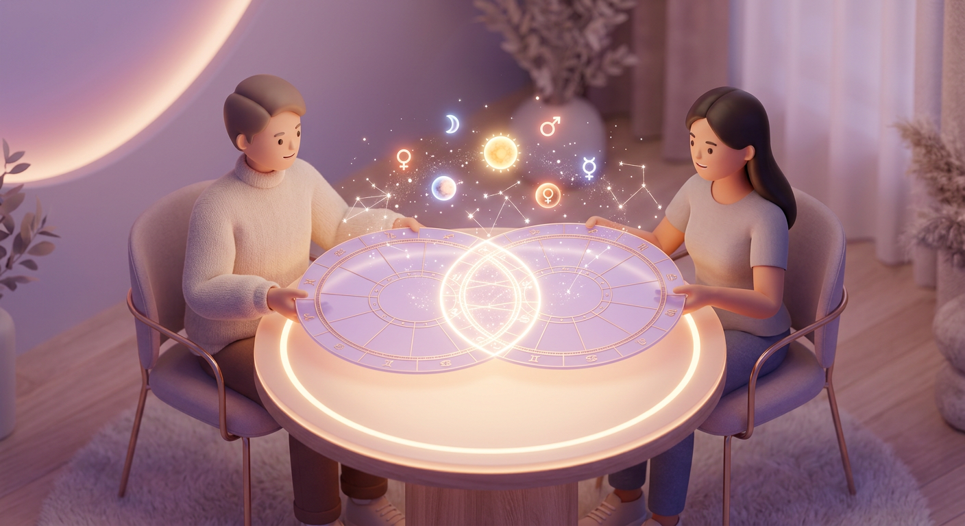Two people analyzing overlapping synastry chart bi-wheel with glowing personal planets