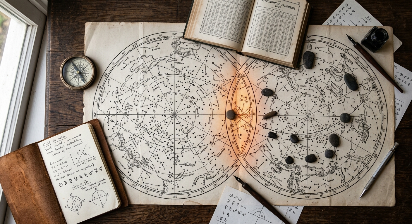 Two overlapping synastry birth chart wheels with glowing planetary aspects in deep blue
