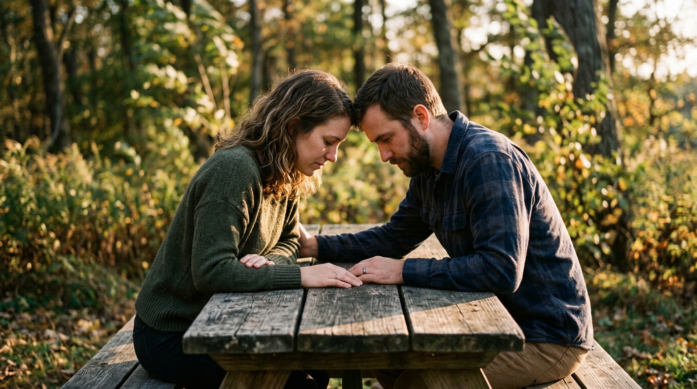 Two people sharing a quiet moment outdoors, evoking Saturn and Moon synastry aspects