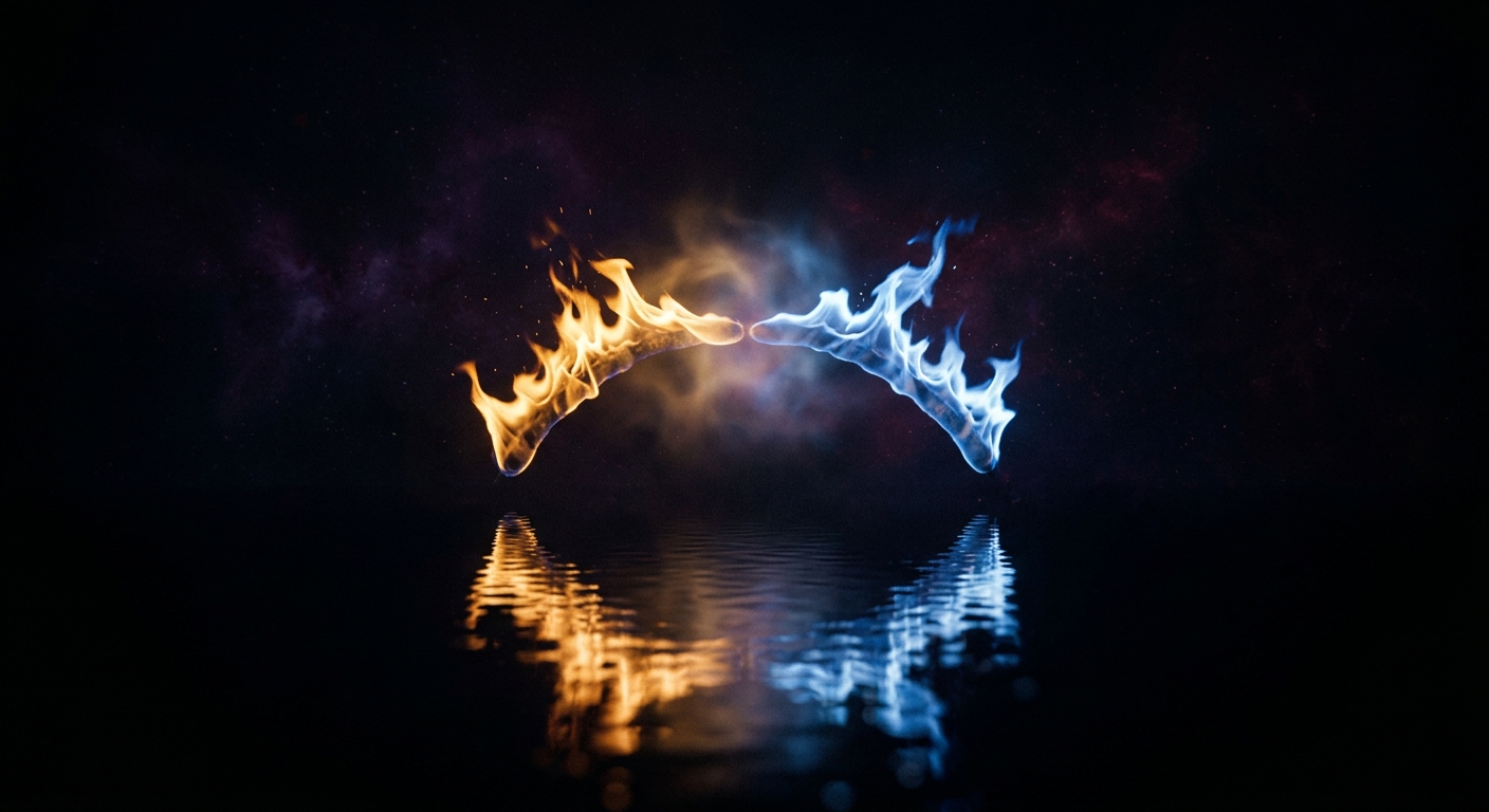 Two flames bending toward each other symbolizing Venus Mars attraction in synastry natal chart