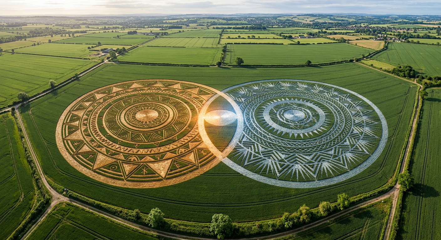 Aerial view of two overlapping geometric mandalas representing Sun Moon Venus Mars Saturn synastry interaspects
