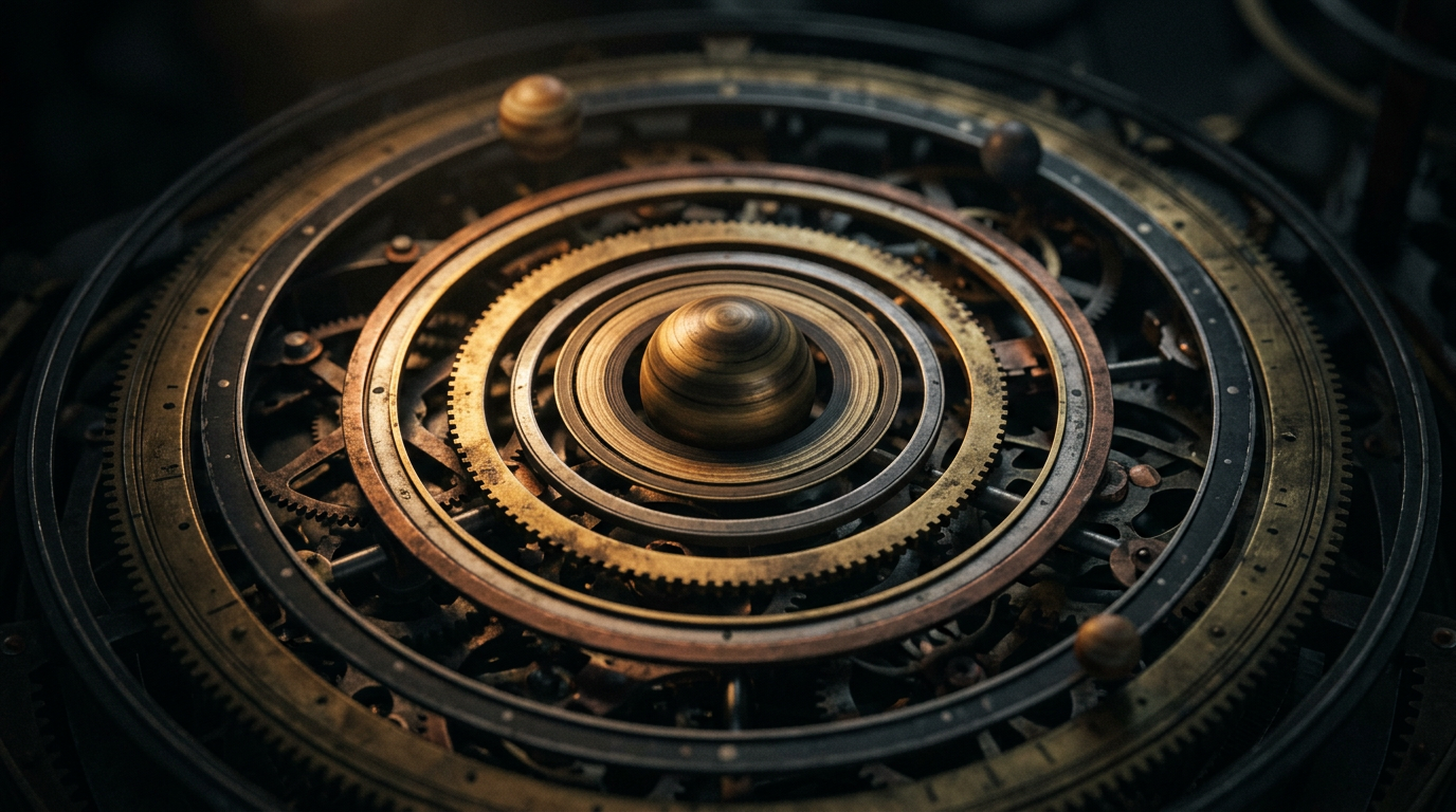 Macro close-up of antique orrery showing Saturn rings and karmic astrology planetary orbits