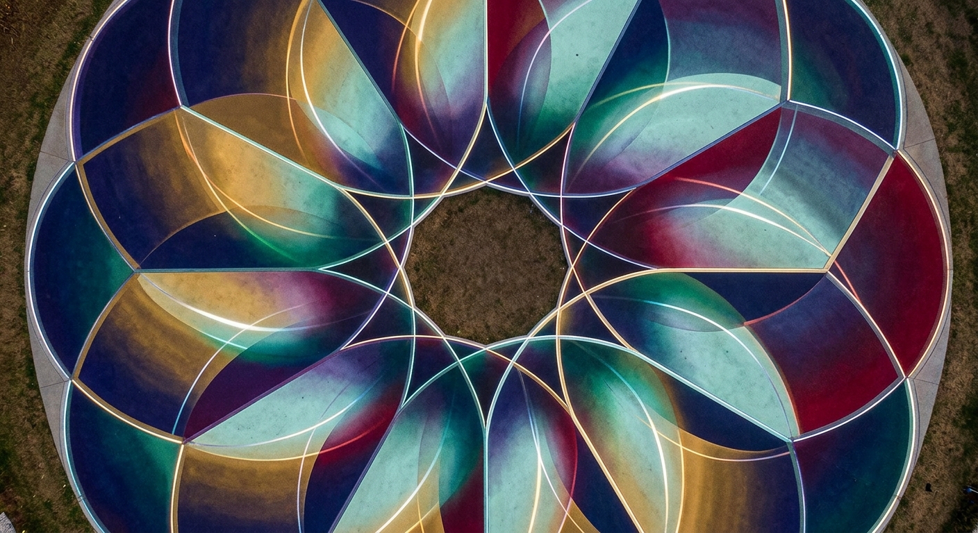 Aerial abstract mandala showing Ascendant compatibility ranges with zodiac elemental gradients