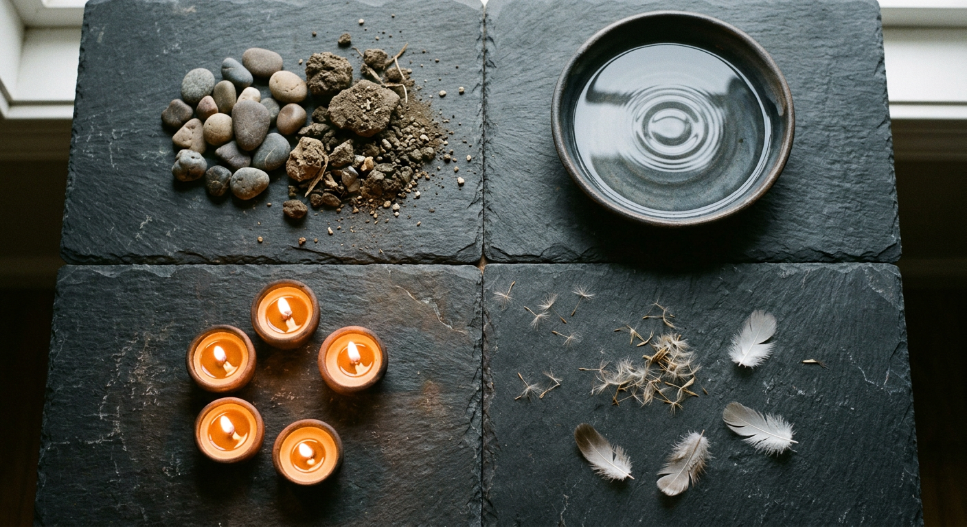 Overhead flat-lay of four elemental symbols representing Aries, Cancer, Taurus, and Gemini in classical astrology elemental theory